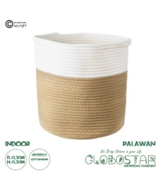 GloboStar® Artificial Garden PALAWAN 20202 Διακοσμητικό Πλεκτό Καλάθι - Κασπώ Γλάστρα - Flower Pot  Μπεζ με Λευκό Π30cm x Υ30cm